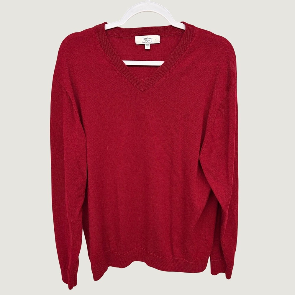 Preppy Minimalist V-Neck 100% Fine Merino Wool Sweater Turnbury Men Sz L Red